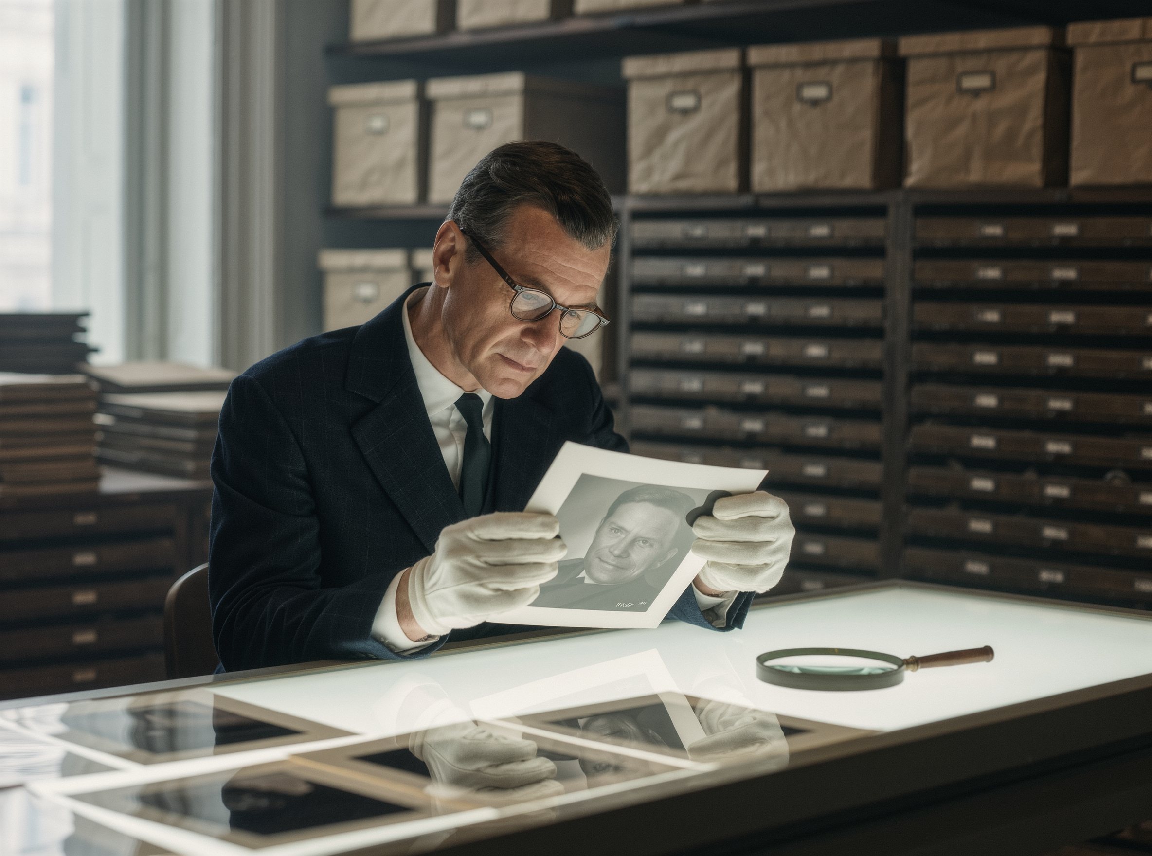 An archivist examining a print on a light table