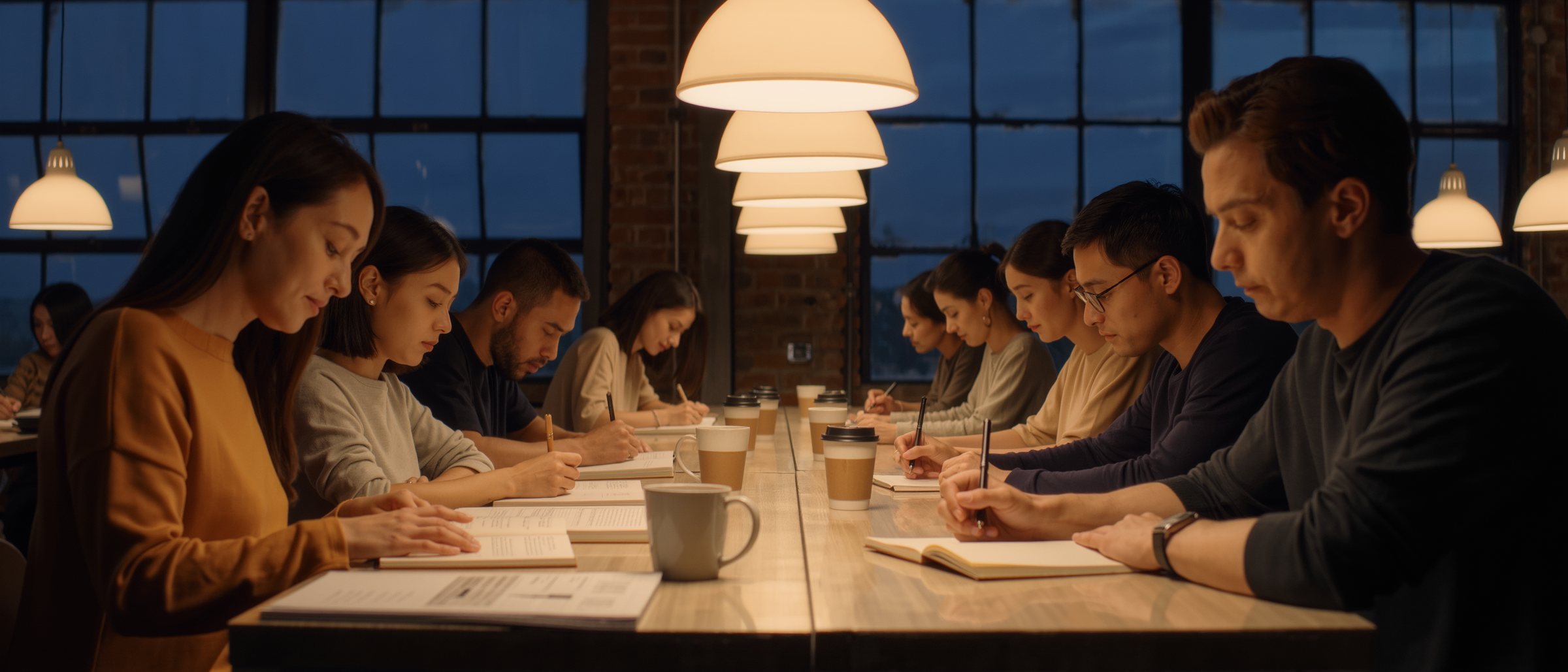 Writers working at a long table at dusk