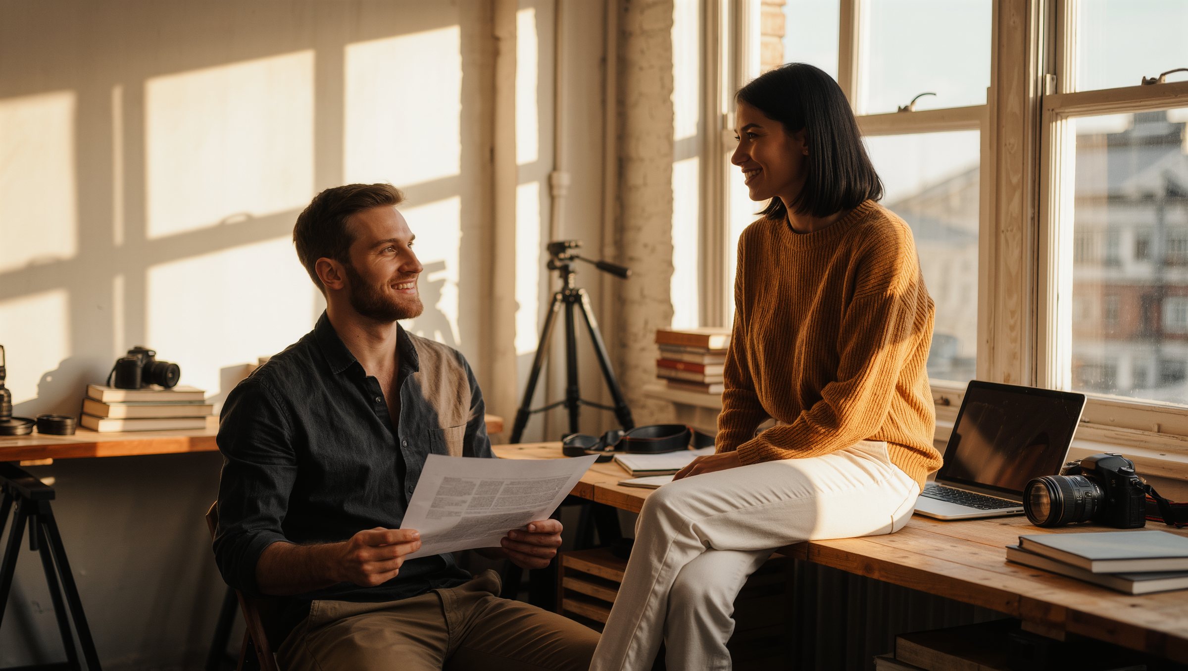 Two founders talking in their studio