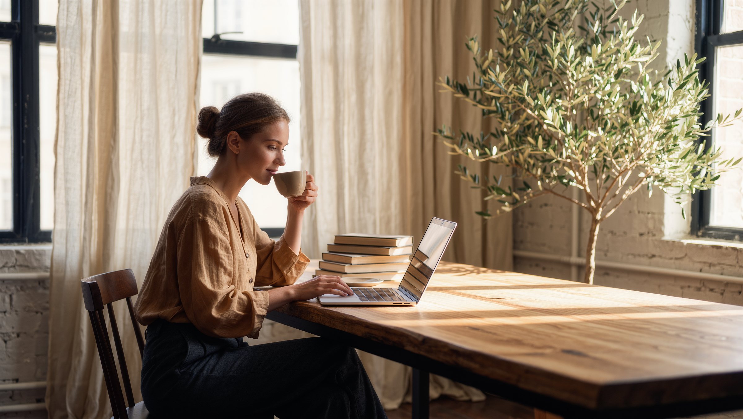 A writer at work in a sunlit studio